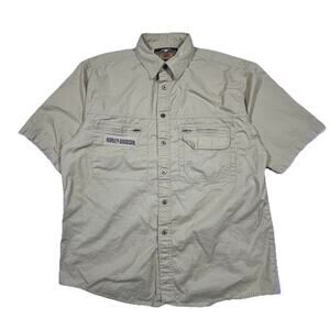 Y2K Harley Davidson American Legend Beige Short Sleeve Button Shirt Mens L